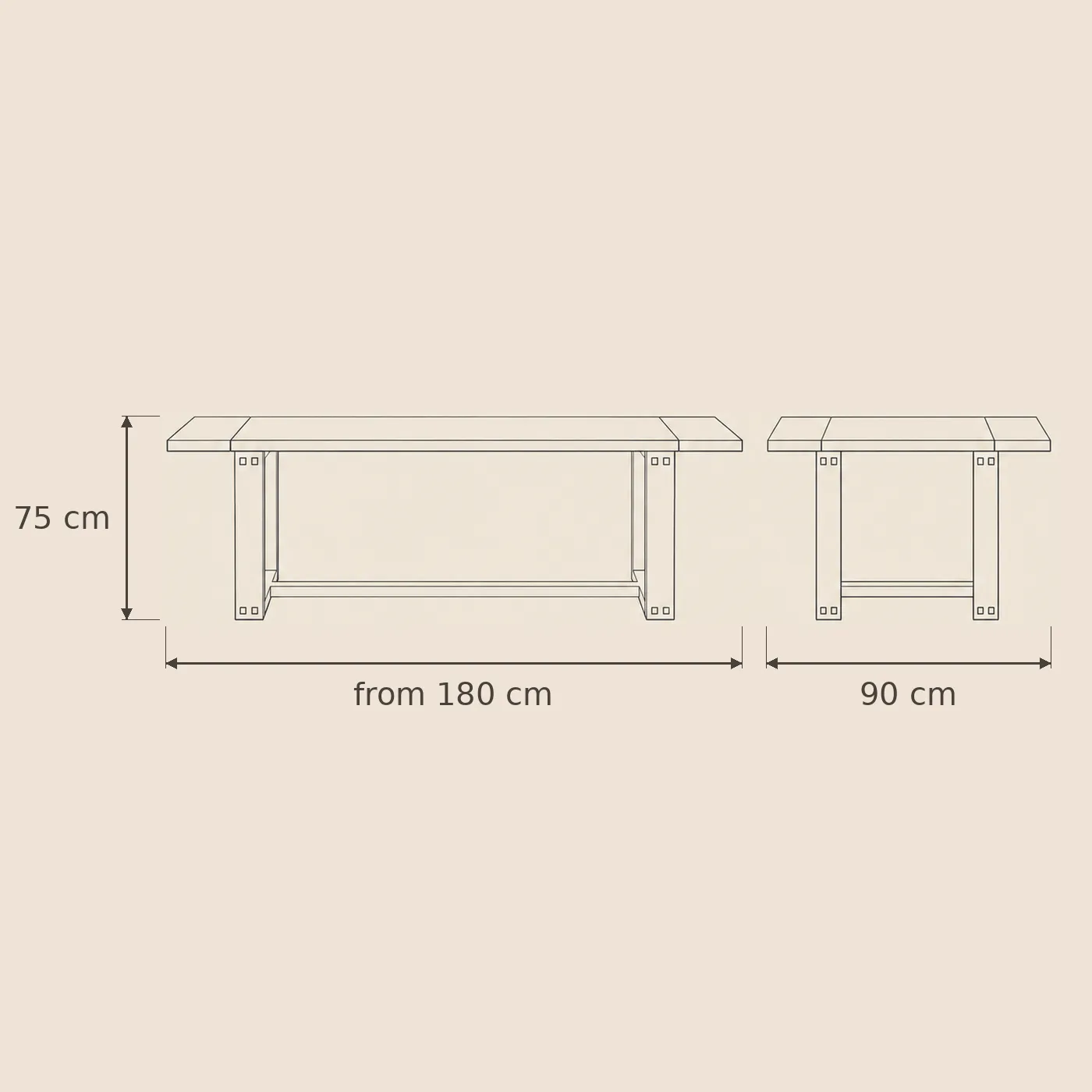 Beseda Table dimensions — 75cm high, 90cm wide, lengths from 180cm