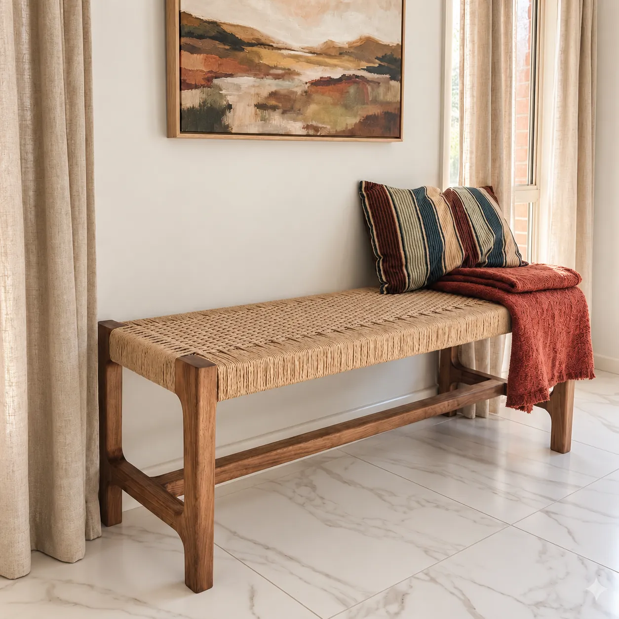 Cordeaux Bench in natural Danish cord beneath a window