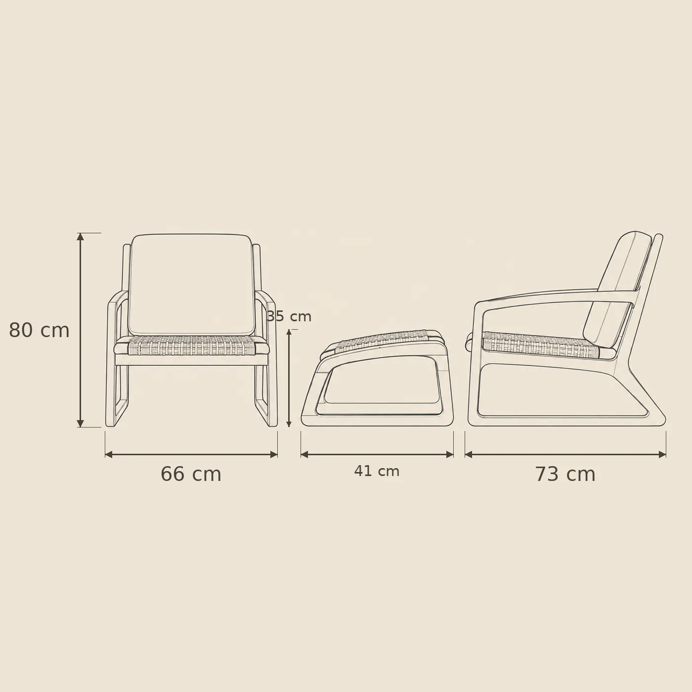 The Drema example dimensions — Chair 800 × 660 × 730mm; Ottoman 350 × 660 × 410mm