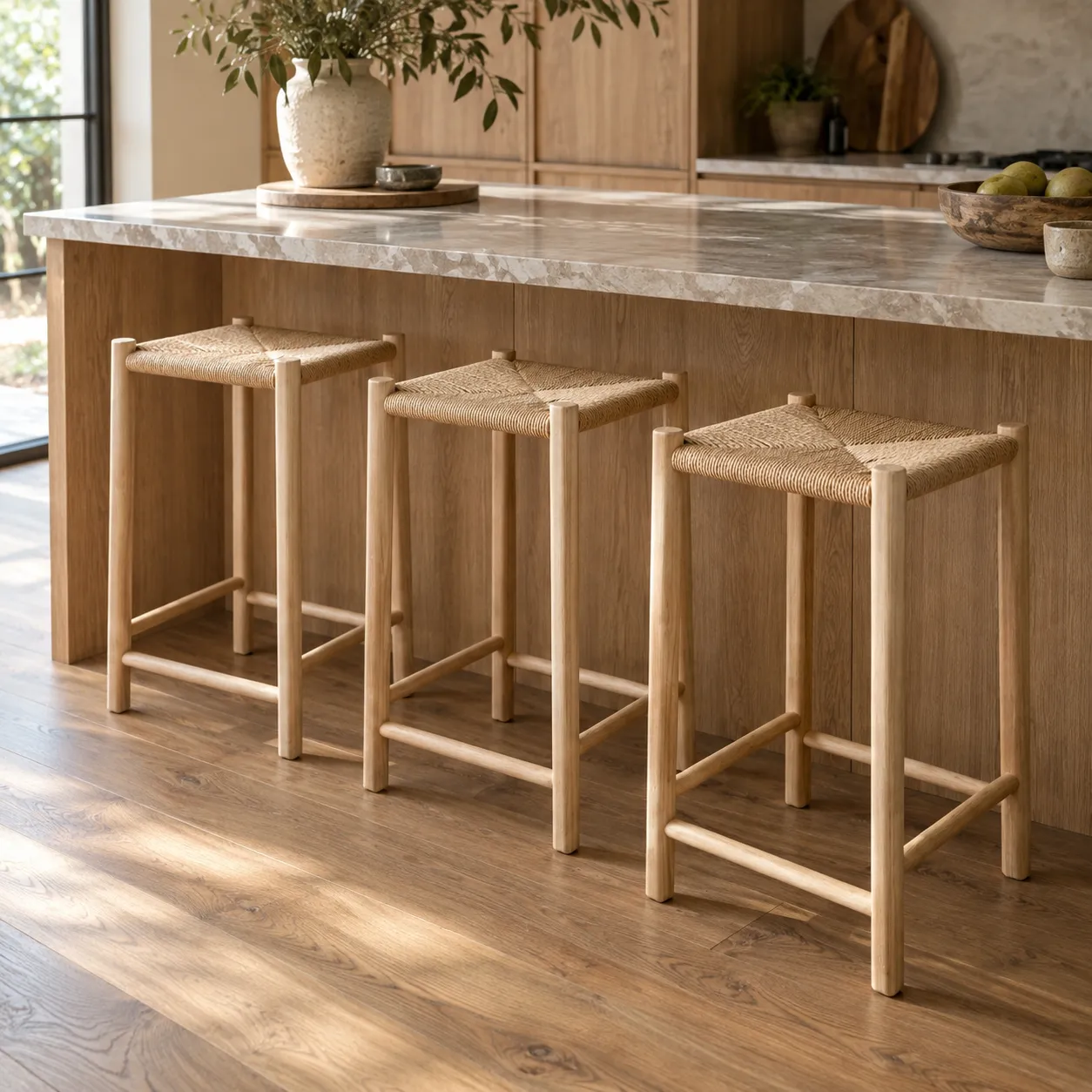 Three Rush Counter Stools at a kitchen island