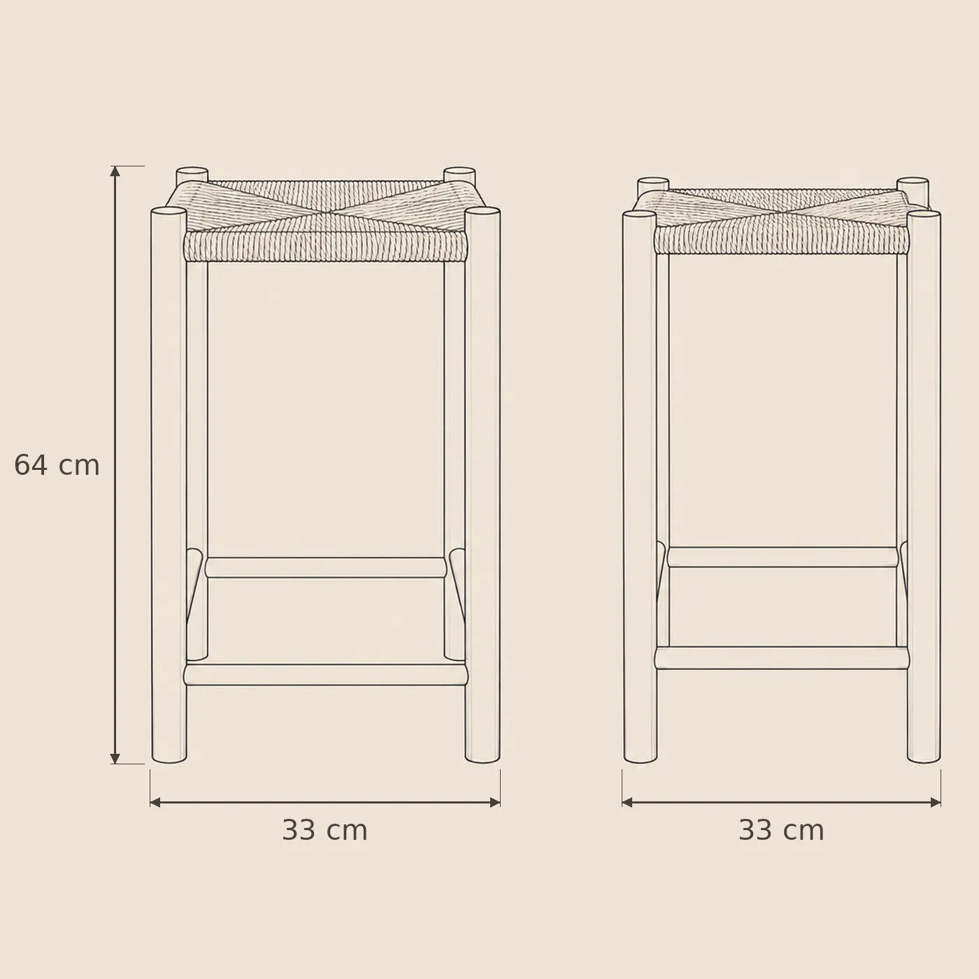 Rush Counter Stool dimensions — 64cm high, 33 × 33cm