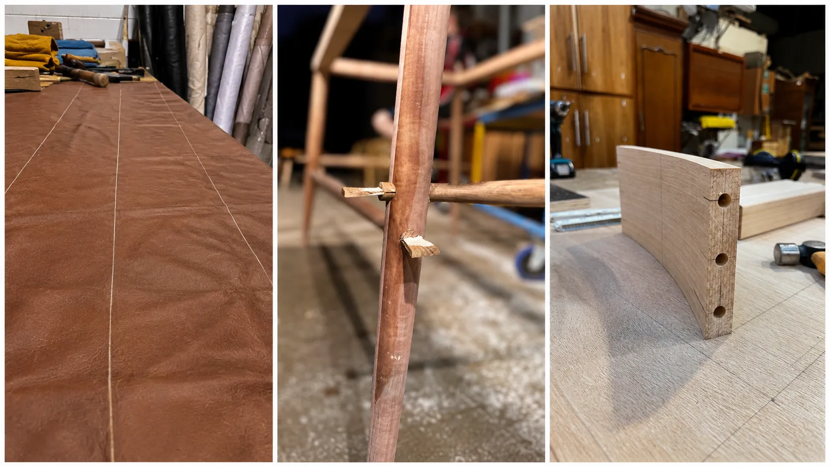 Milled components, hand-cut joinery and a bench seat being woven in the Crafta workshop
